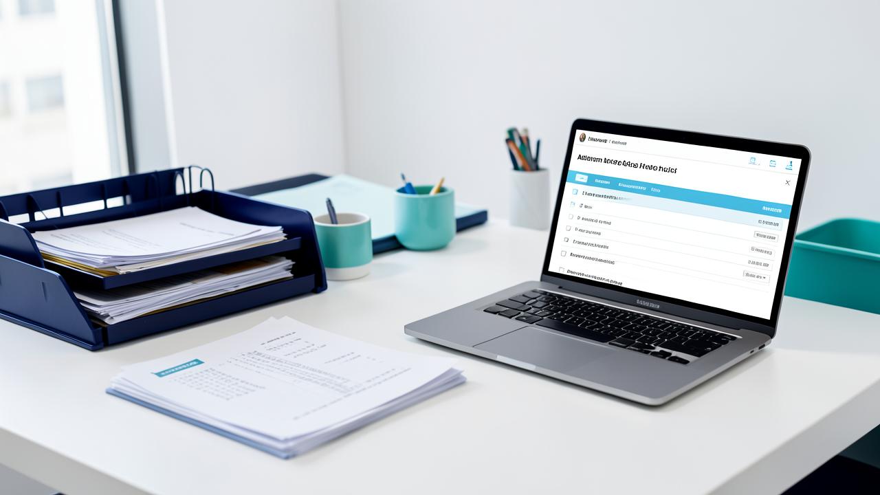 Tidy office desk with paperwork trays, laptop and an admin checklist
