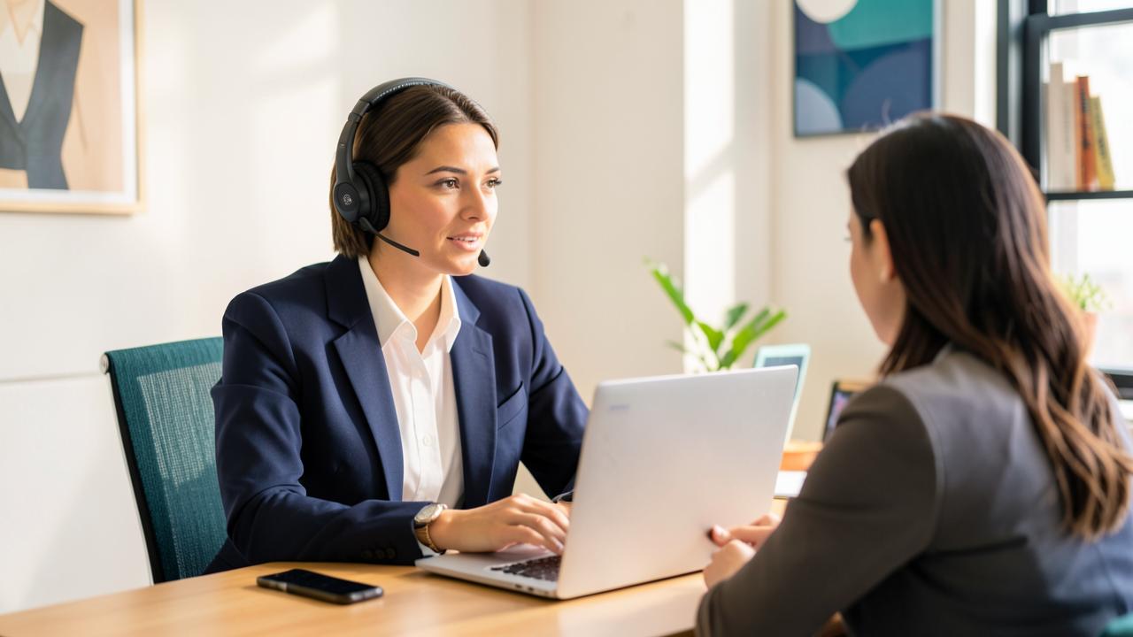Business coach on a client call at a laptop in a bright office