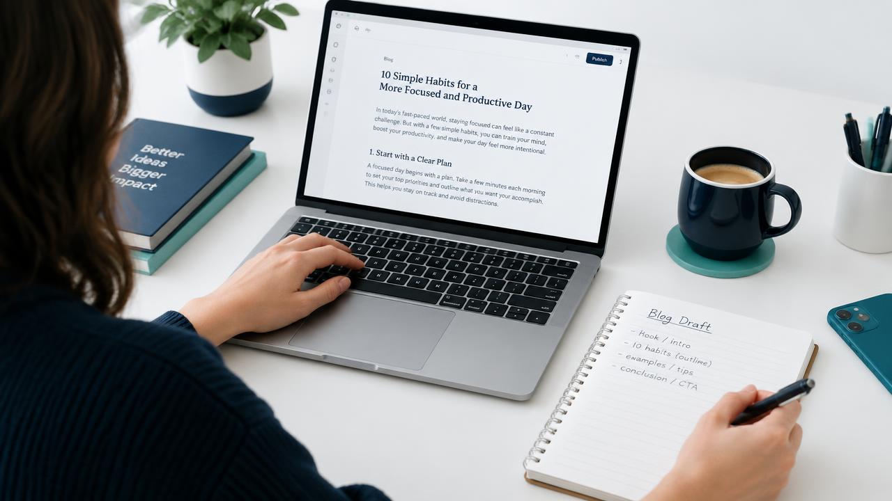 Writer drafting a blog article on a laptop with a notebook