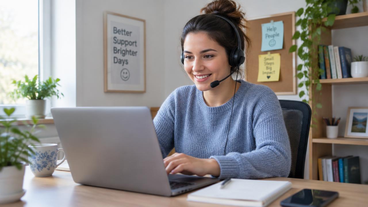 Support professional with headset replying to emails on a laptop