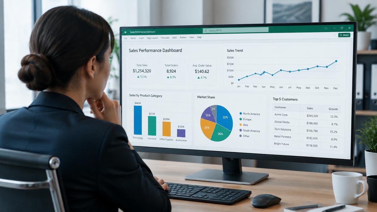 Analyst viewing a sales dashboard on a large monitor