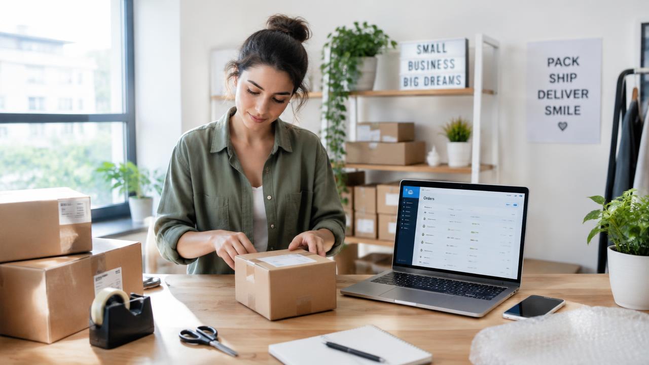 Online store owner packing parcels beside a laptop showing orders