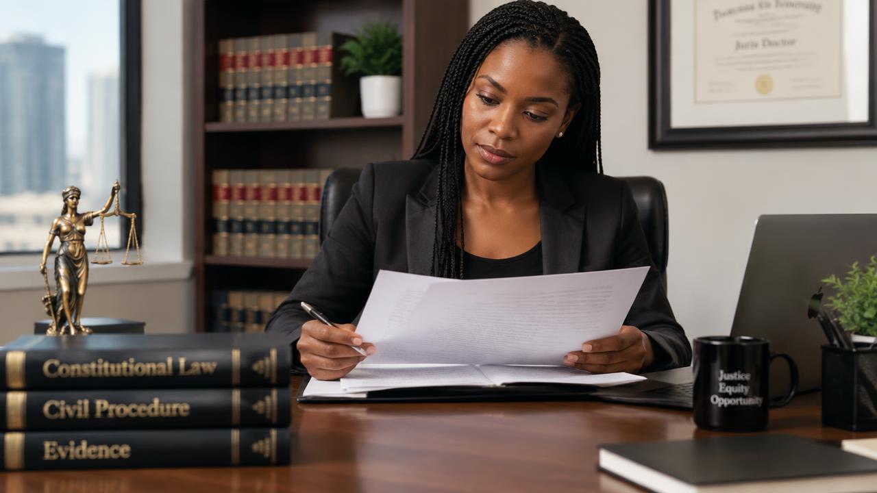 Attorney reviewing documents at a law office desk