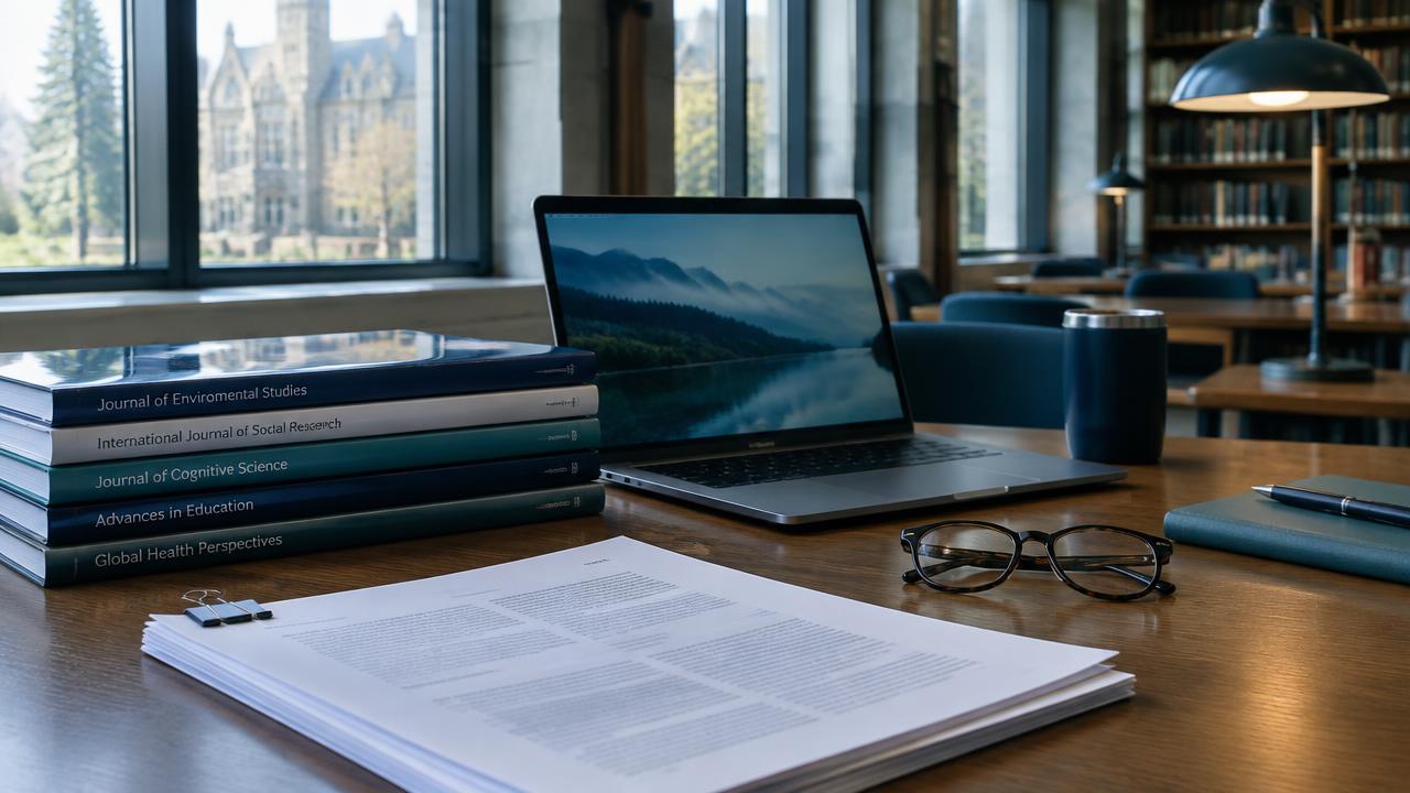 University library desk with a laptop, a stack of journals and printed papers