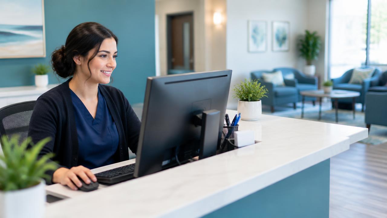 Administrator at a clean modern clinic reception desk using a computer