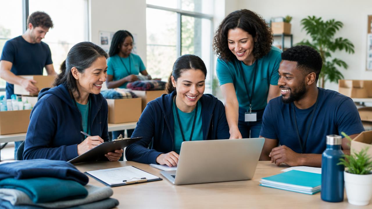 Nonprofit team of volunteers planning around a laptop in a community center