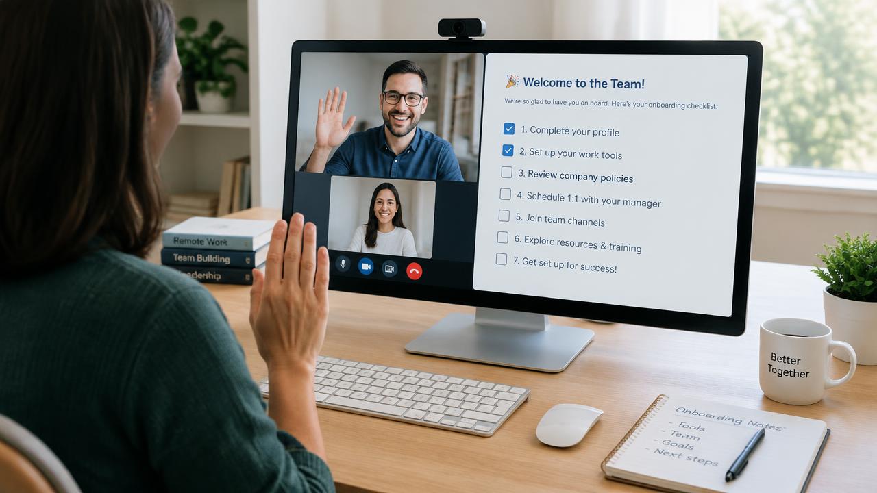 Manager welcoming a new remote assistant on a video call