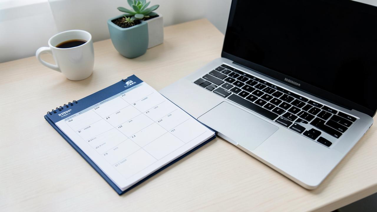 Weekly paper planner, laptop and coffee on a tidy desk