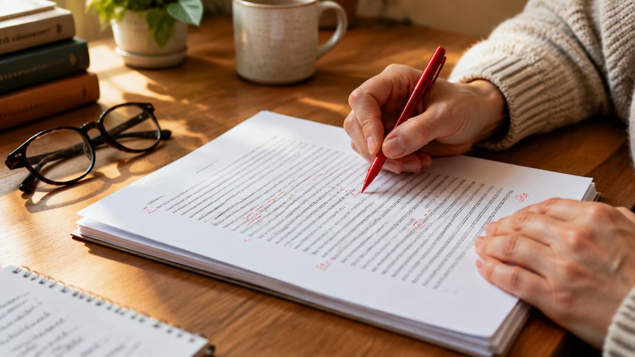 Hands proofreading a printed manuscript with a red pen