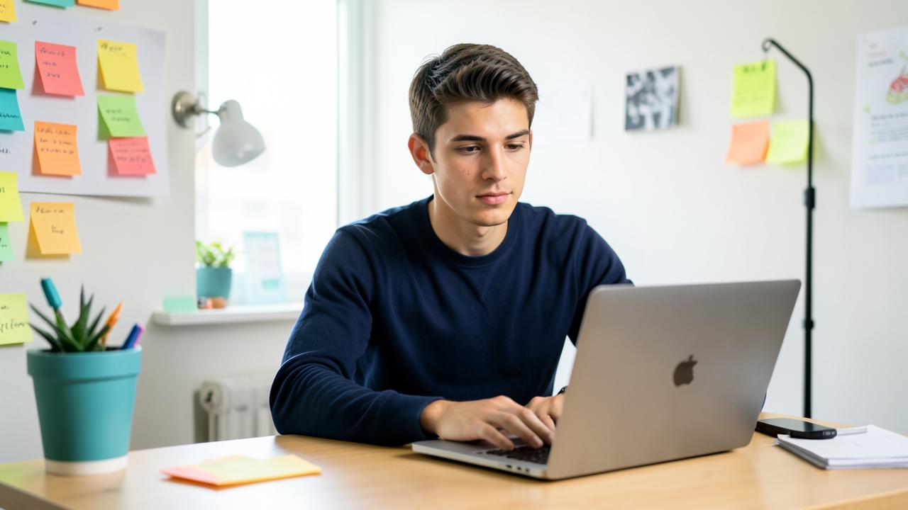 Startup founder working at a laptop in a bright home studio office